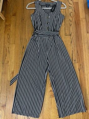 Sleeveless Black & White Striped Wide-Leg Jumpsuit with Tie Belt